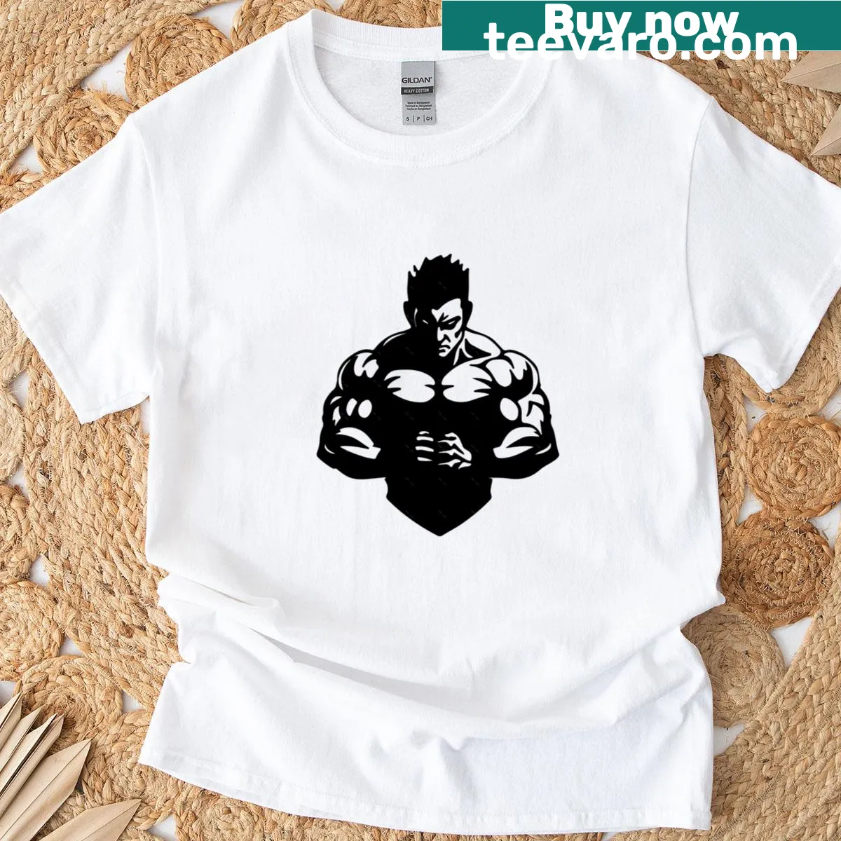 T-shirt featuring a muscular man graphic celebrating fitness — on a men's t-shirt