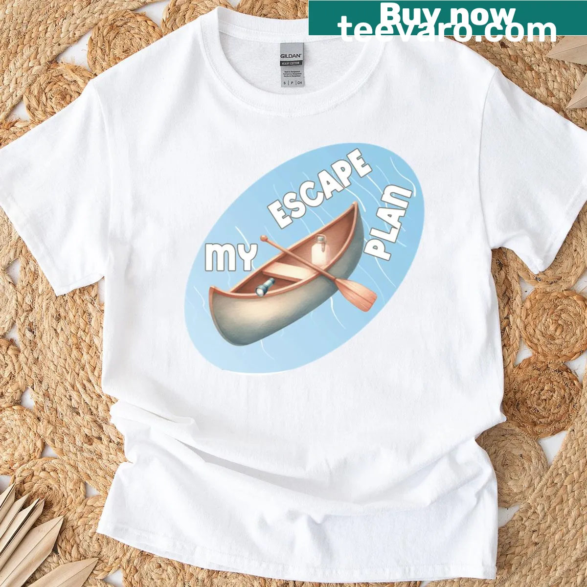 Canoe-themed T-shirt featuring a playful wave illustration — on a men's t-shirt
