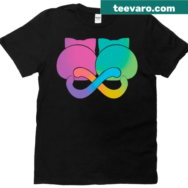 T-shirt promoting neurodiversity with infinity cats design on black fabric