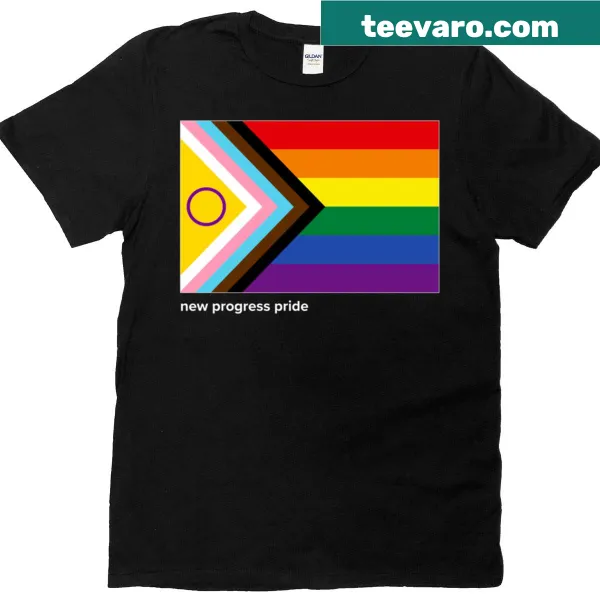 Progress Pride flag graphic on a T-shirt, symbolizing inclusivity.