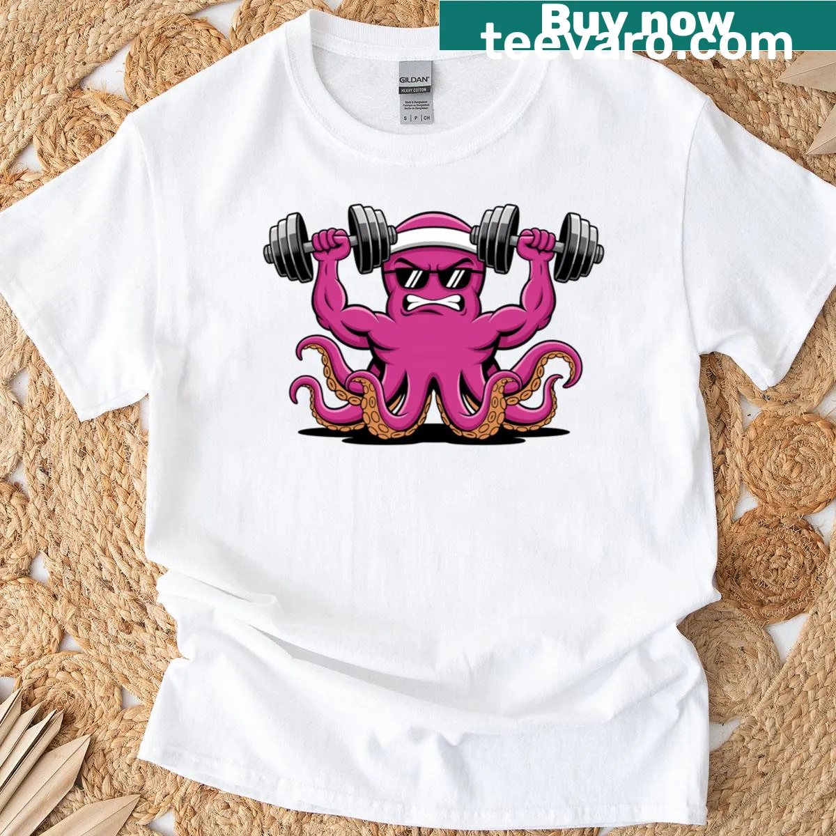 Angry kraken octopus lifting weights illustration on gym t-shirt — on a men's t-shirt