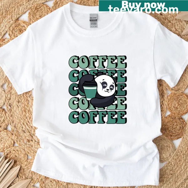Cute T-shirt featuring a cartoon panda holding a coffee cup
