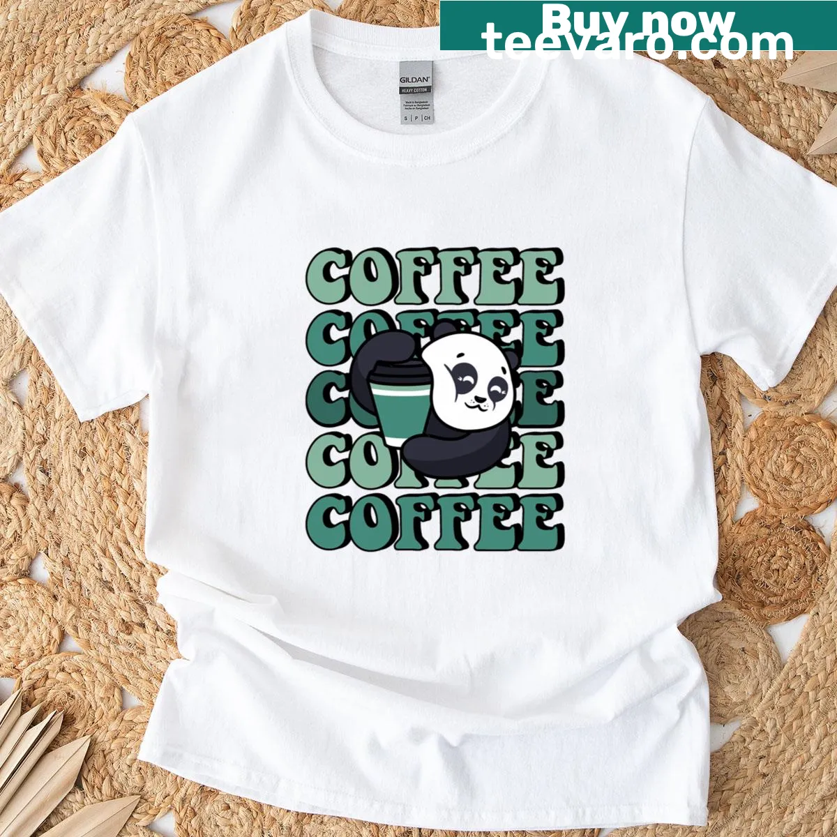 Cute T-shirt featuring a cartoon panda holding a coffee cup — on a men's t-shirt