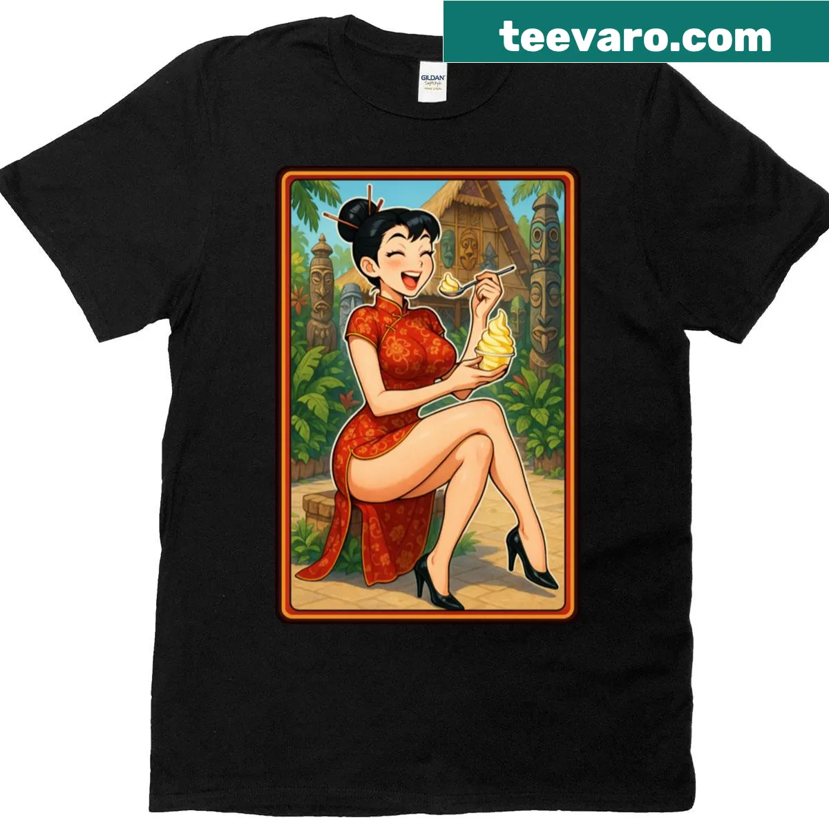 Oversized T-shirt featuring cartoon Dole Whip and pinup characters — on a men's t-shirt