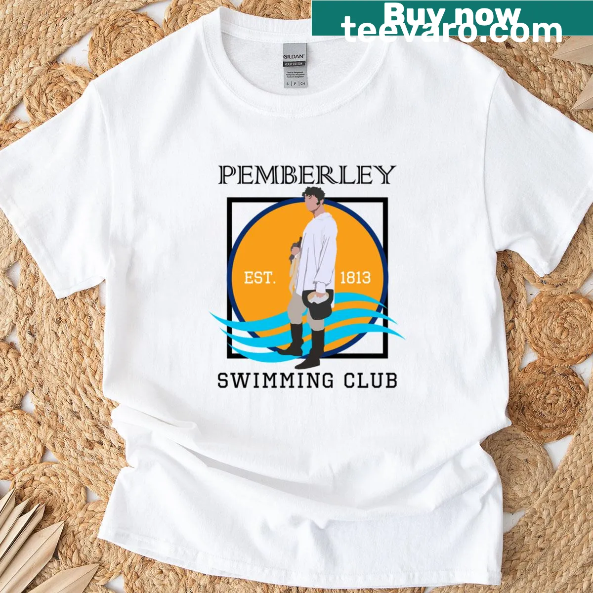 Pemberley Swimming Club emblem t-shirt celebrating Pride and Prejudice — on a men's t-shirt