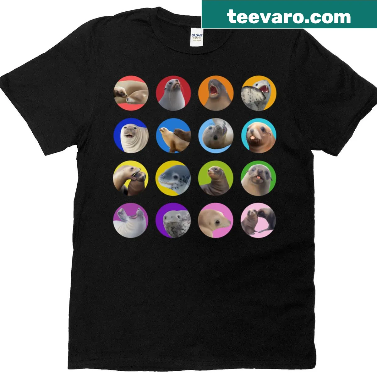 Illustrative T-shirt featuring NZ sea lion, fur seal, leopard seal, and elephant seal — on a men's t-shirt