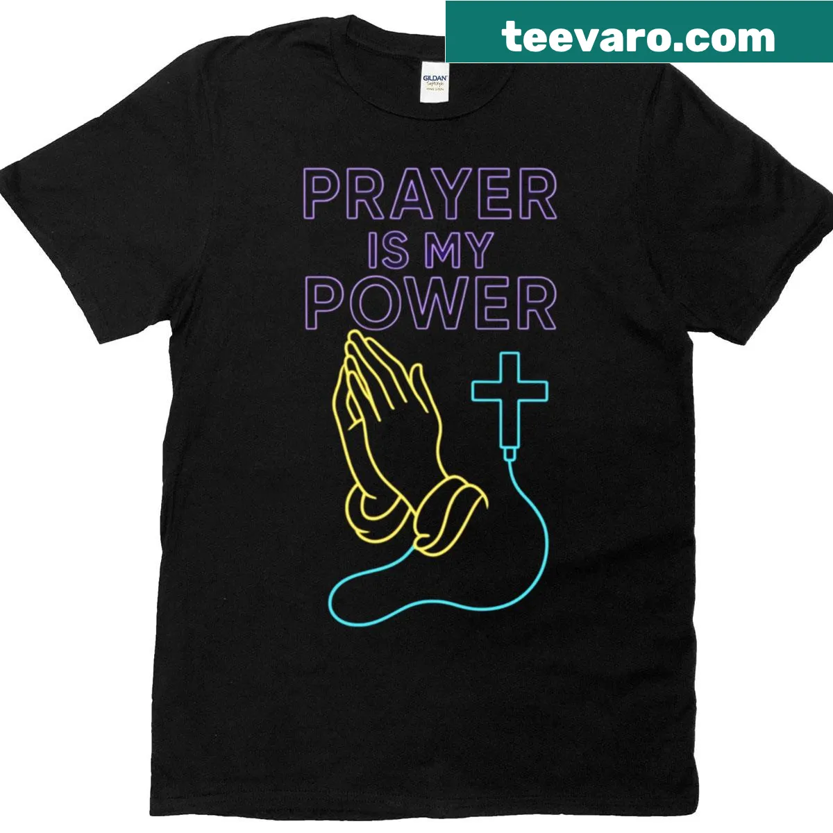 Neon printed shirt featuring the phrase 'Prayer Is My Power' — on a men's t-shirt