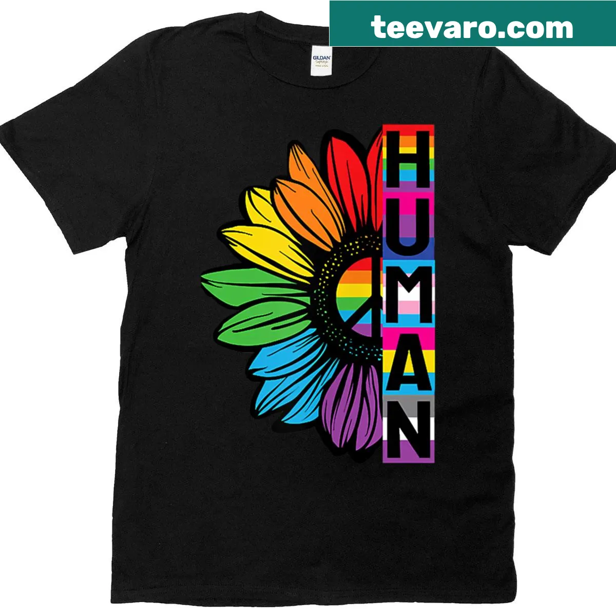 LGBTQ allyship T-shirt with sunflower and rainbow flag design — on a men's t-shirt