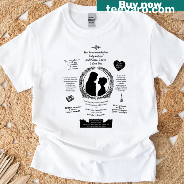 Silhouette of Elizabeth and Darcy with iconic quotes from Pride and Prejudice