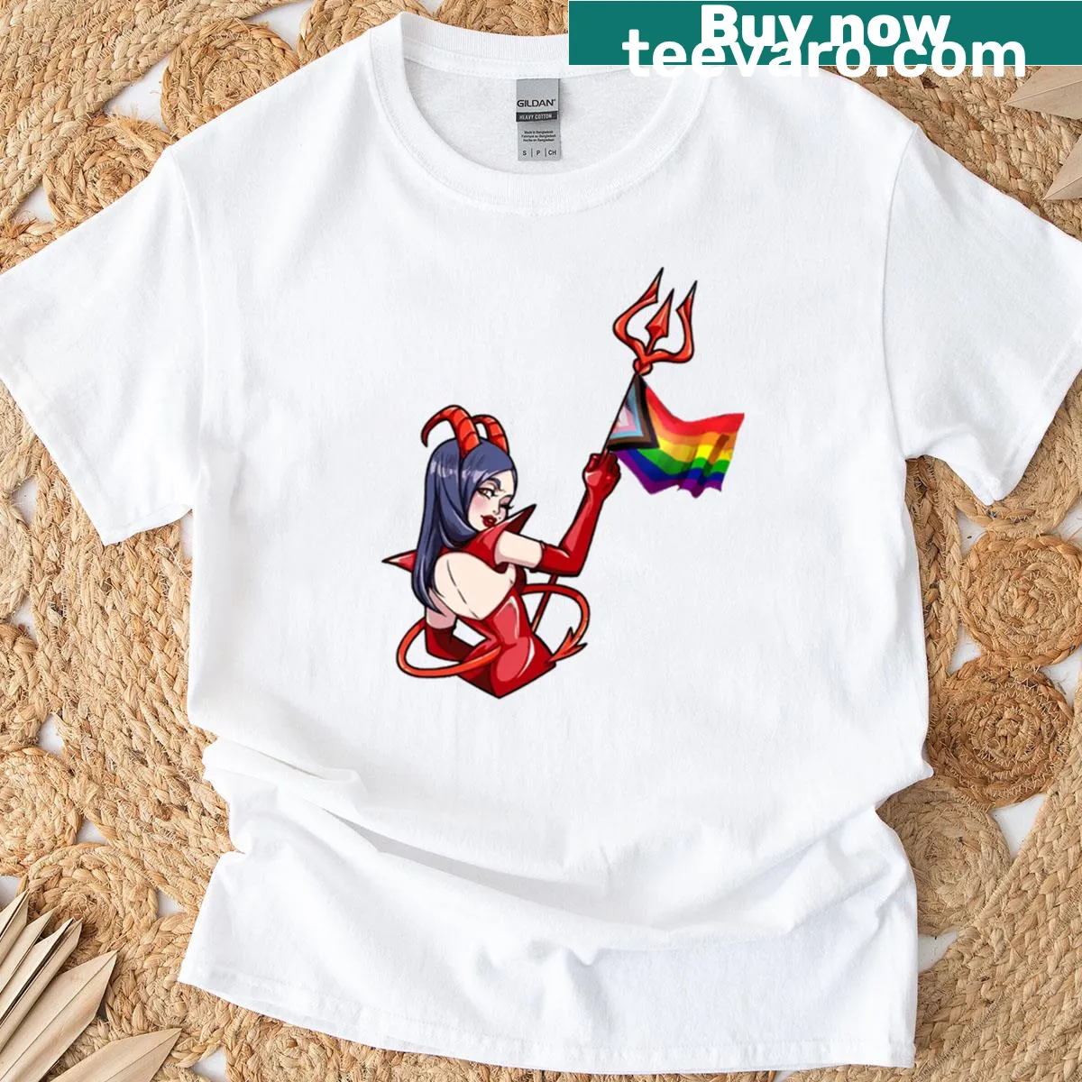 Whimsical pride demon illustration on a T-shirt — on a men's t-shirt