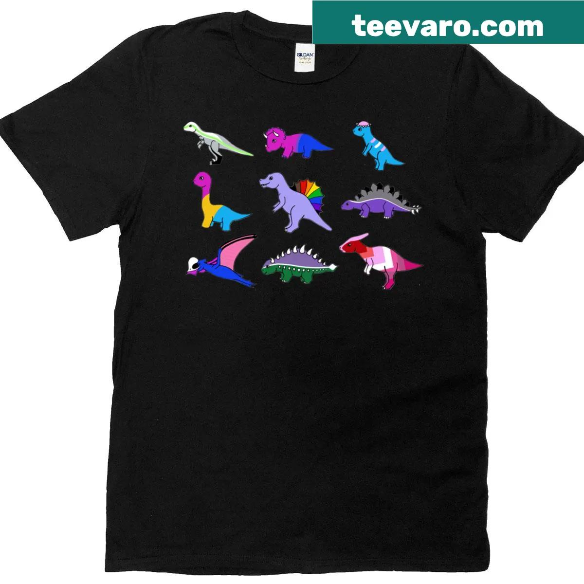 Cute dinosaur illustrations in rainbow colors for pride — on a men's t-shirt