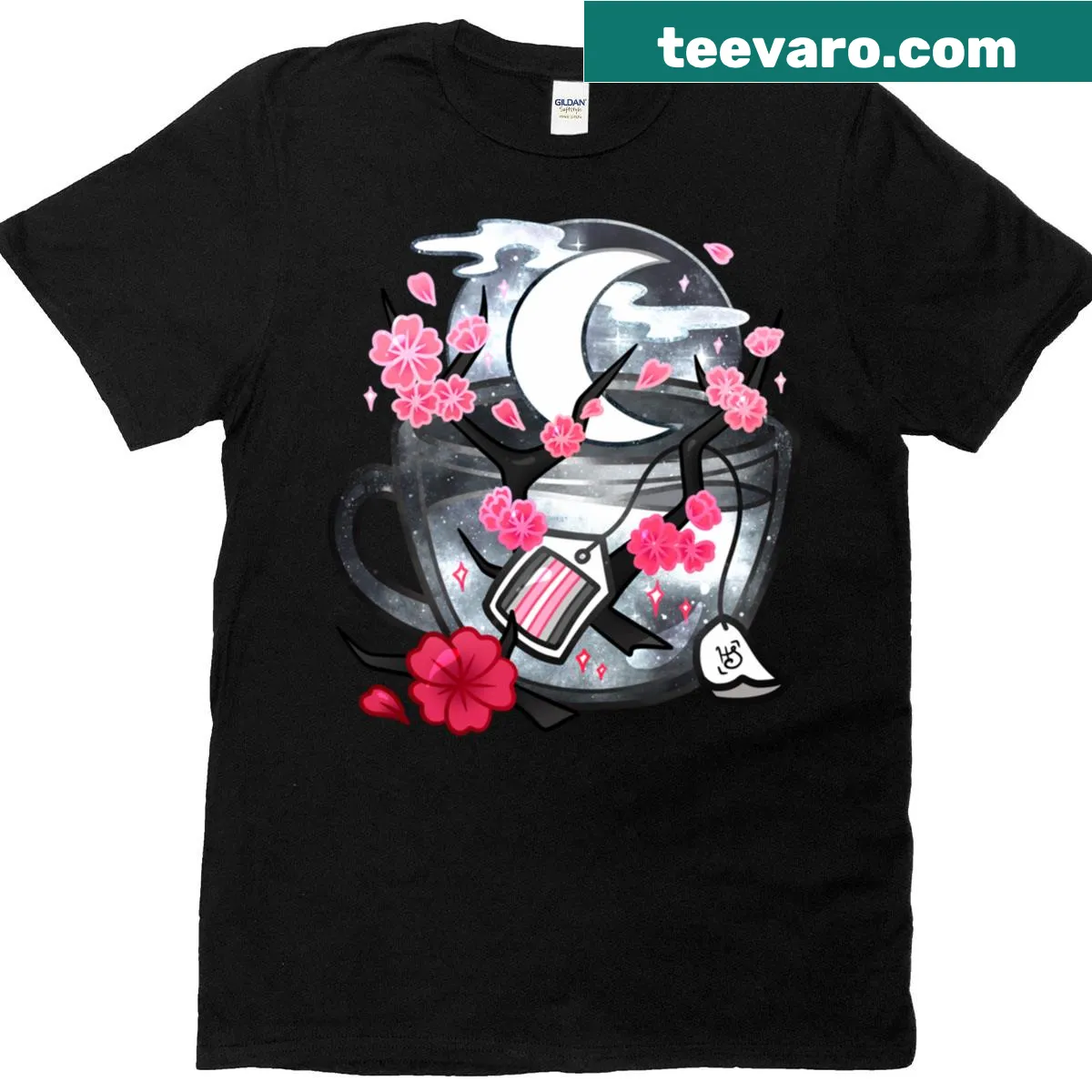 Teacup design with pride flag and sakura flowers — on a men's t-shirt