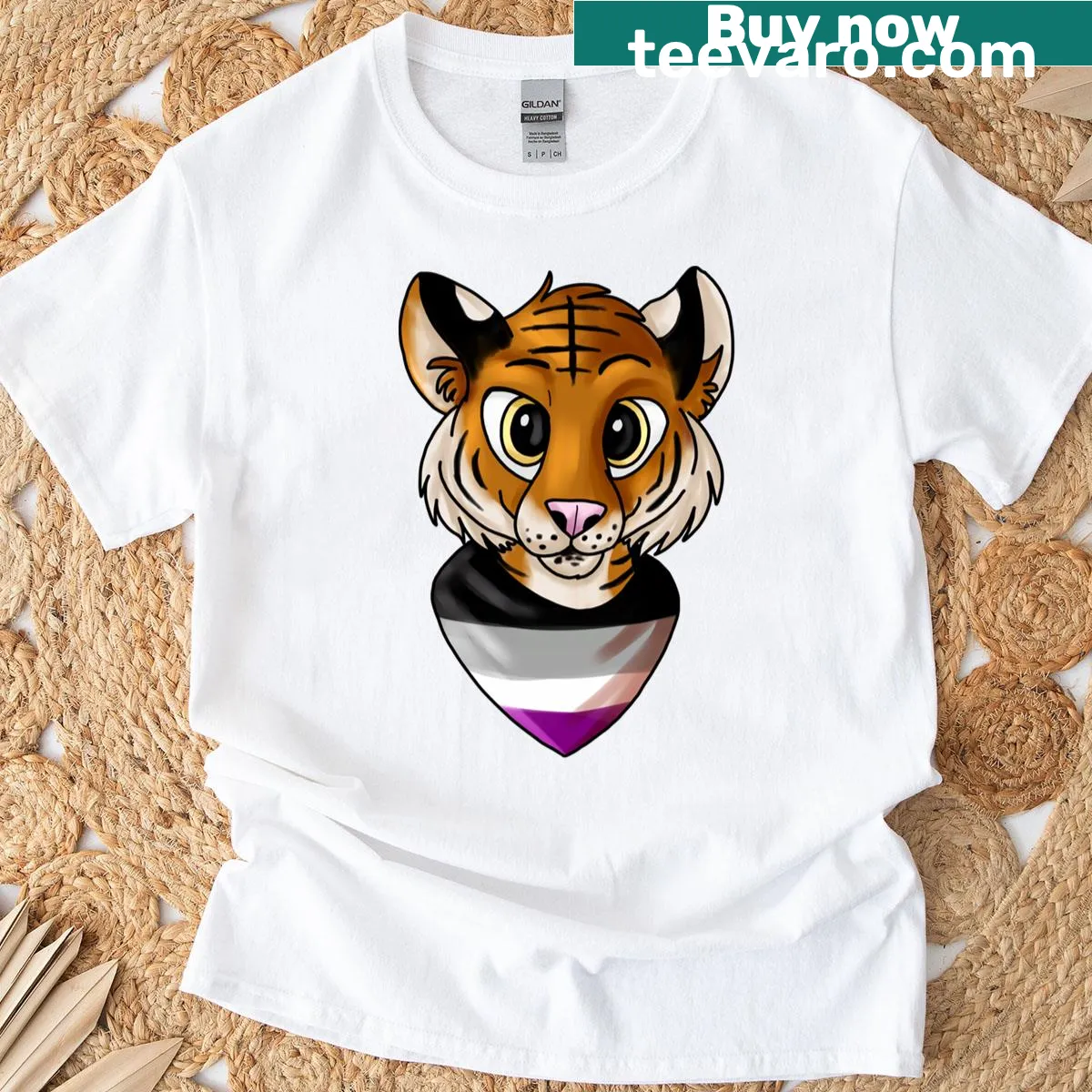 Pride Tiger t-shirt featuring a fierce tiger design in asexual pride colors — on a men's t-shirt