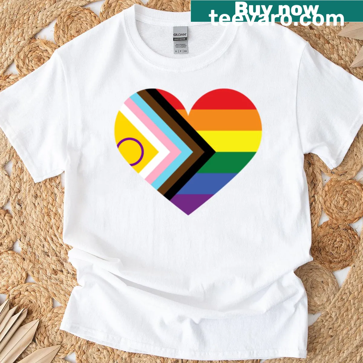 Progress Pride Flag heart design on T-shirt celebrating diversity — on a men's t-shirt