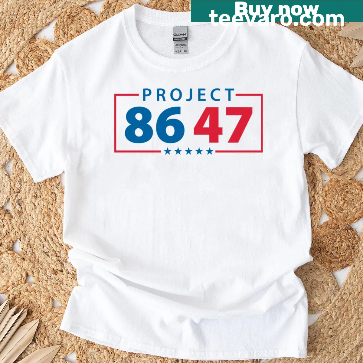 Abstract typography T-shirt with the slogan Project 86 47 — on a men's t-shirt