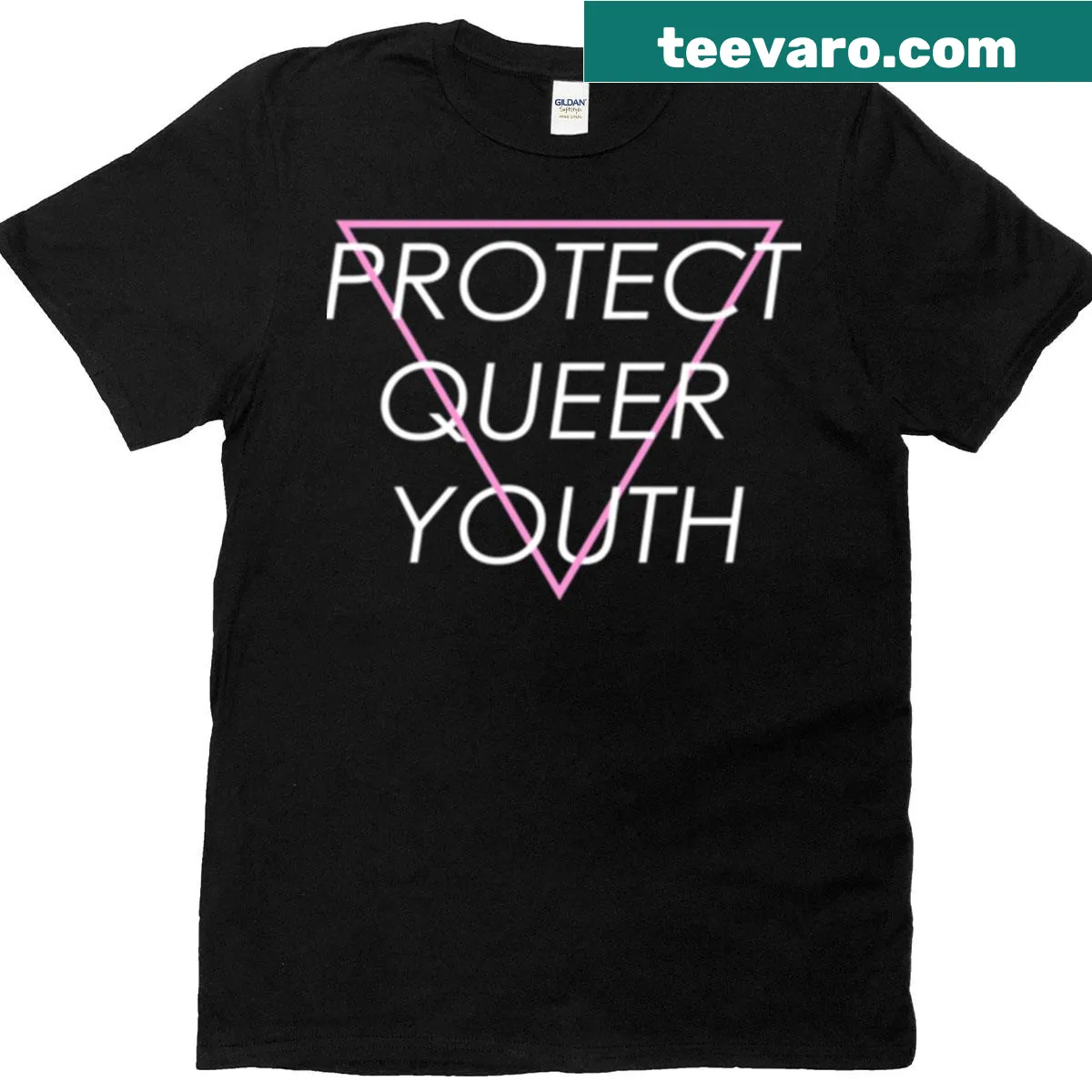 Pink triangle symbol with 'Protect Queer Youth' text on a t-shirt — on a men's t-shirt