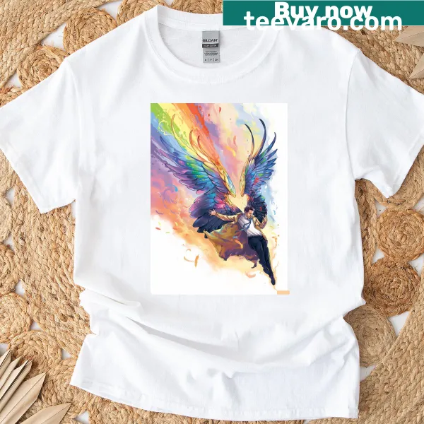 Angel illustration surrounded by a rainbow on a t-shirt