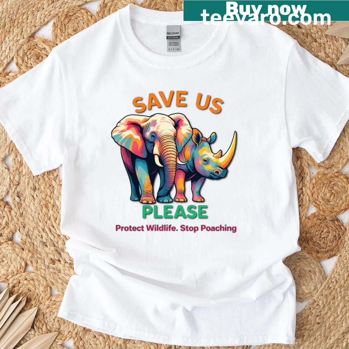 T-shirt advocating for elephant and rhino protection — on a men's t-shirt