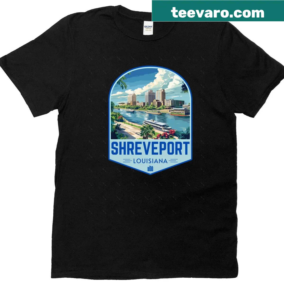 Oversized T-shirt showcasing a retro travel art emblem for Shreveport. — on a men's t-shirt