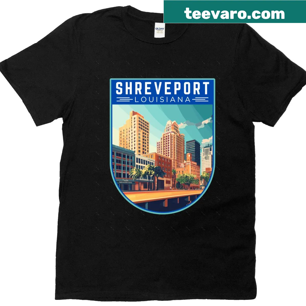 Vintage travel art badge design for Shreveport on an oversized T-shirt. — on a men's t-shirt
