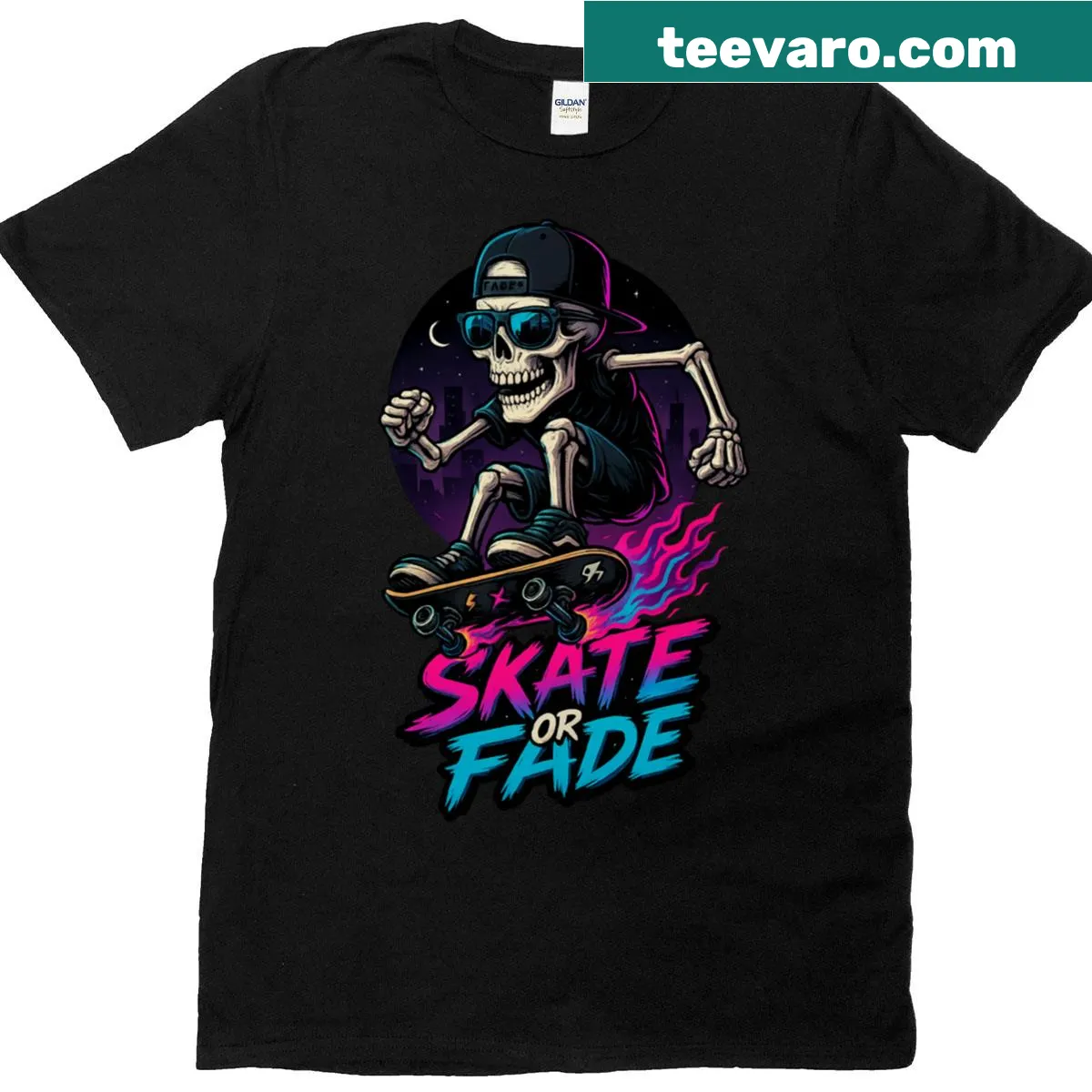 Skate Or Fade t-shirt with bold typography promoting skating lifestyle. — on a men's t-shirt