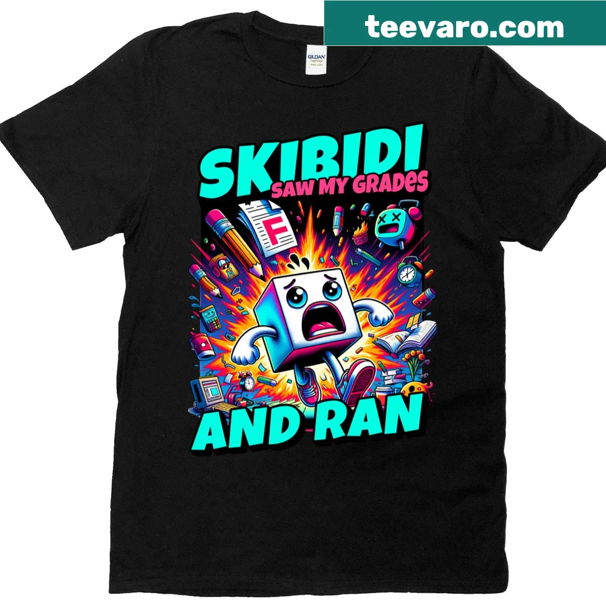 Funny t-shirt depicting a cartoon character panicking over grades, titled Skibidi Saw My Grades And Ran. — on a men's t-shirt