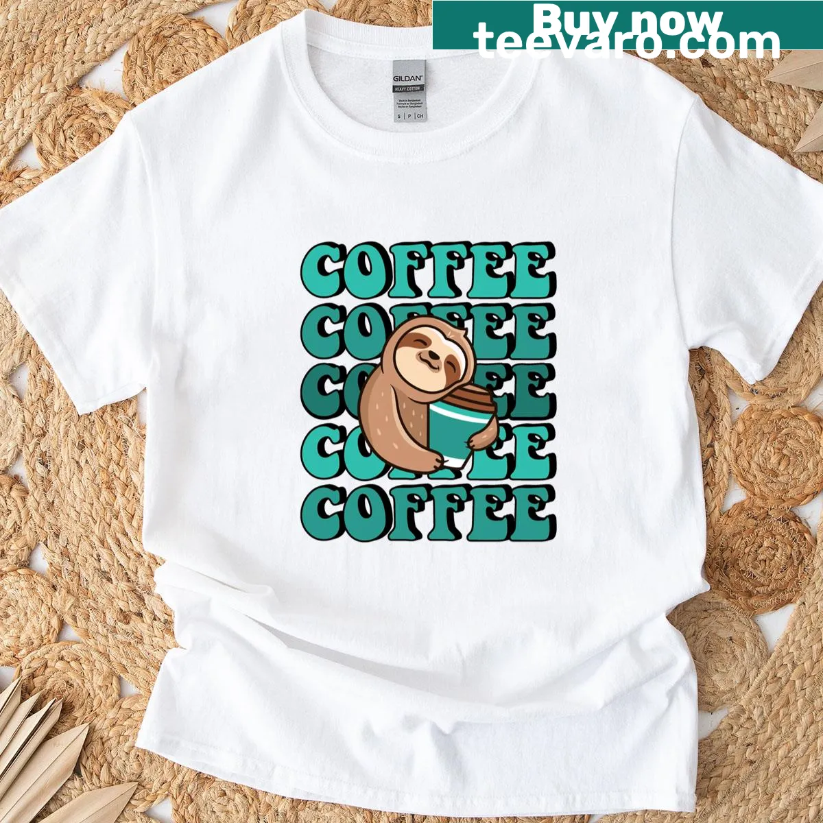 Cute sloth holding a coffee cup on a T-shirt — on a men's t-shirt
