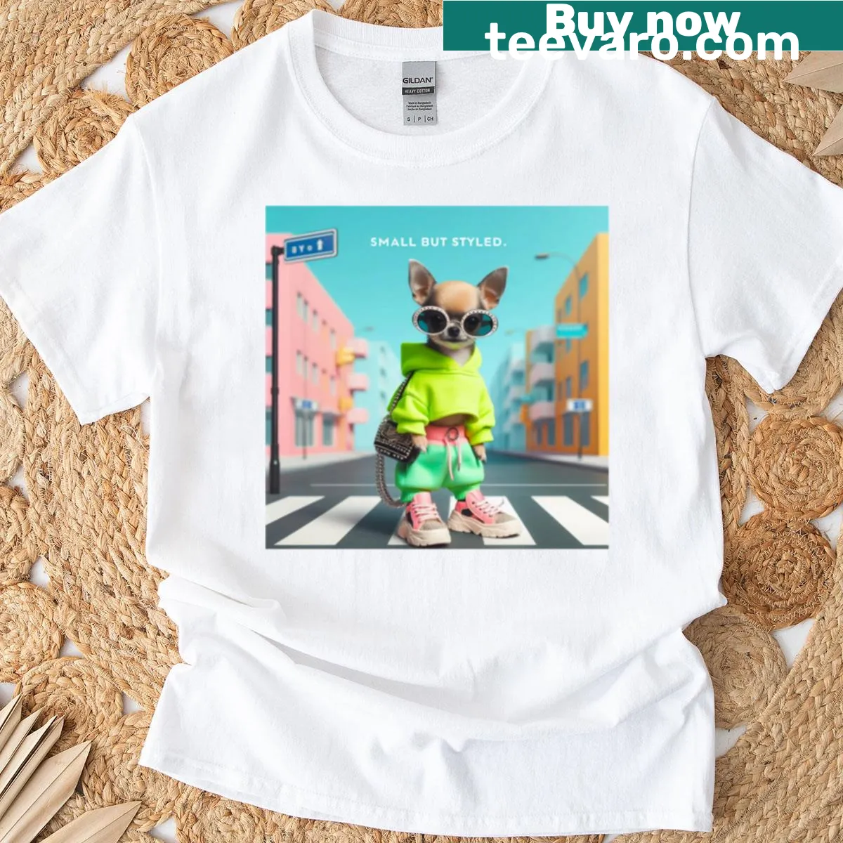 Trendy T-shirt featuring stylish digital art of a Chihuahua — on a men's t-shirt