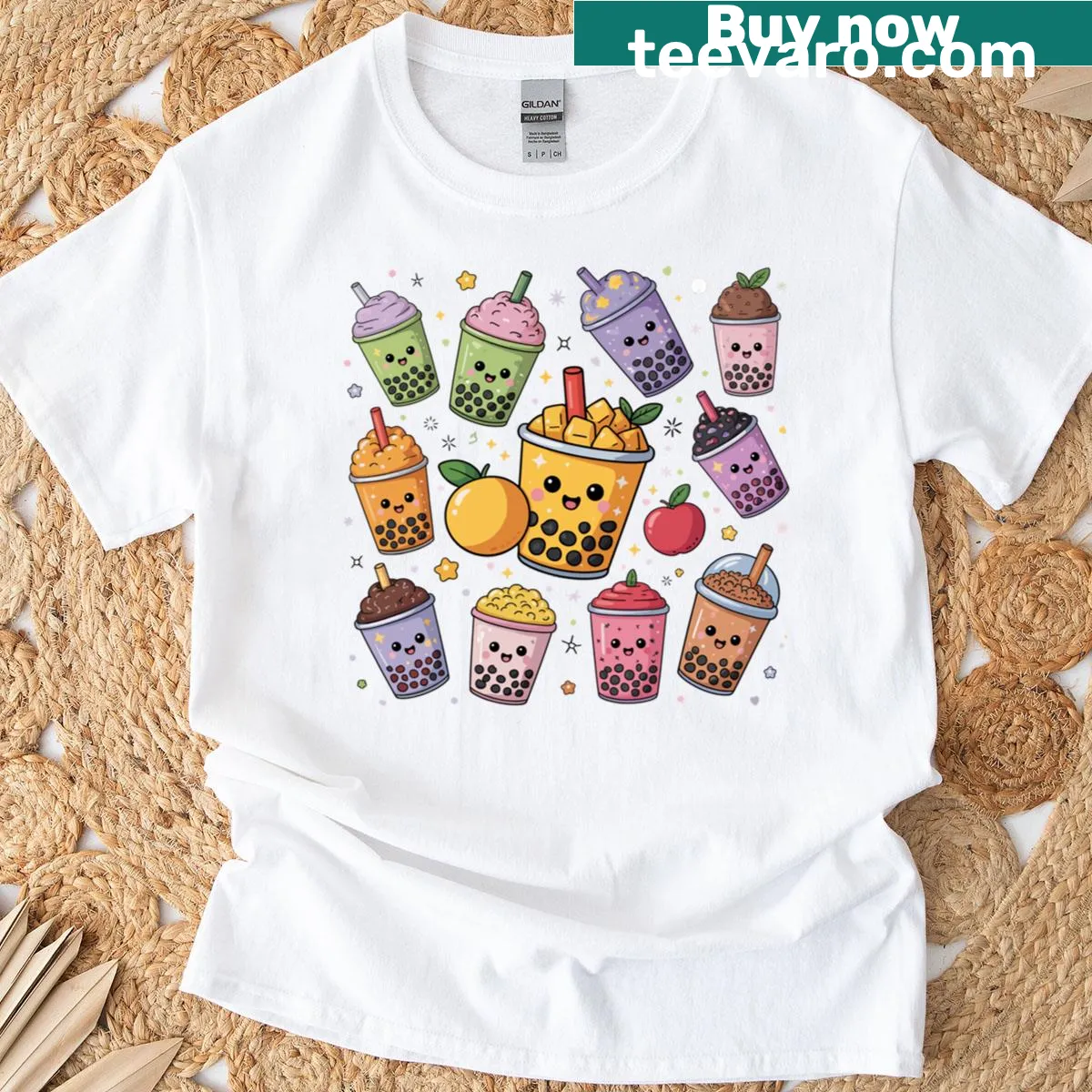 T-shirt with smiling bubble tea graphic — on a men's t-shirt