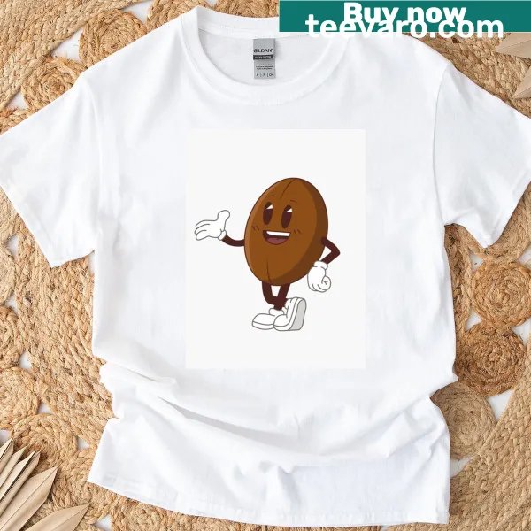 Cheerful smiling coffee bean illustration on T-shirt