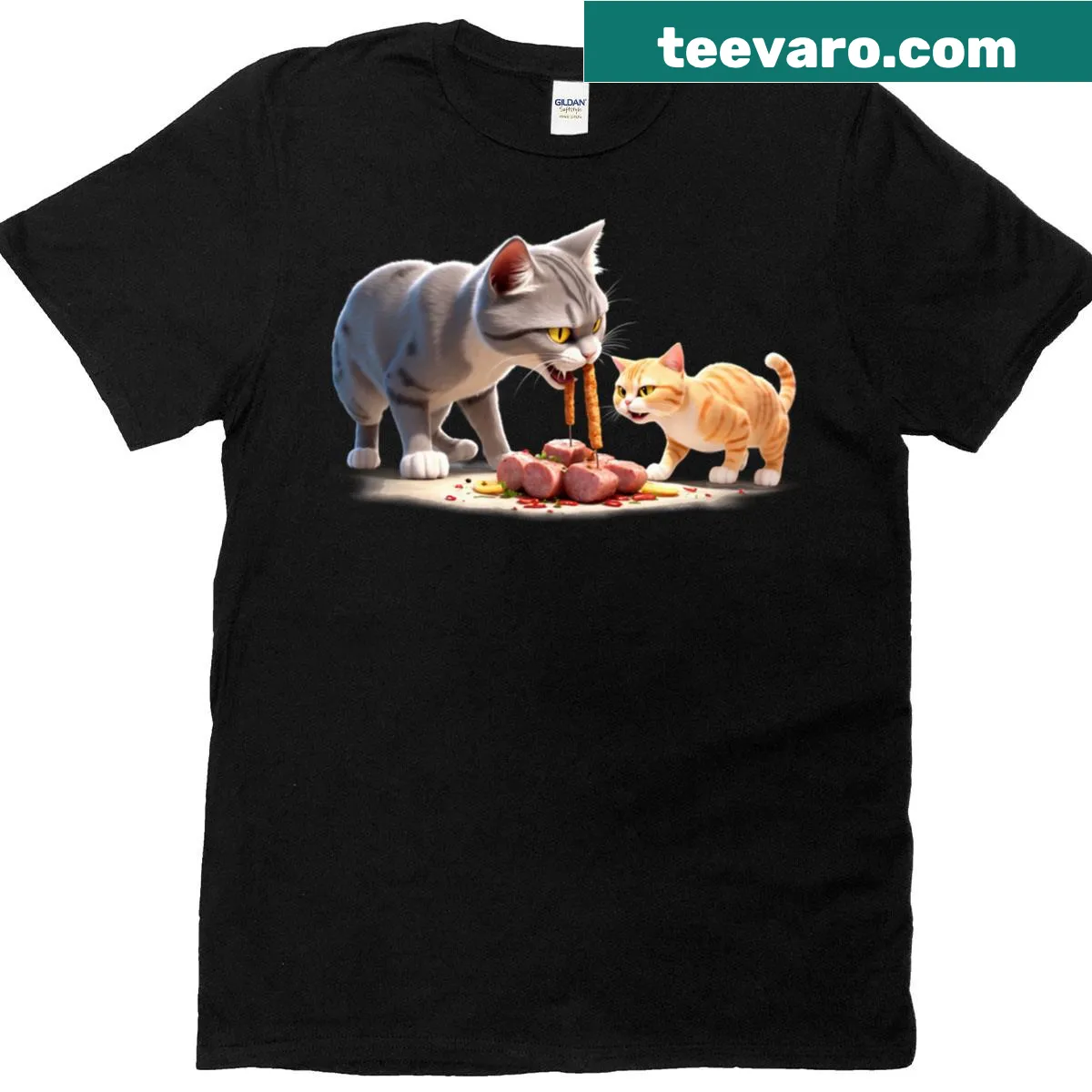 Cartoon t-shirt depicting playful snacks in a Snack Wars theme. — on a men's t-shirt