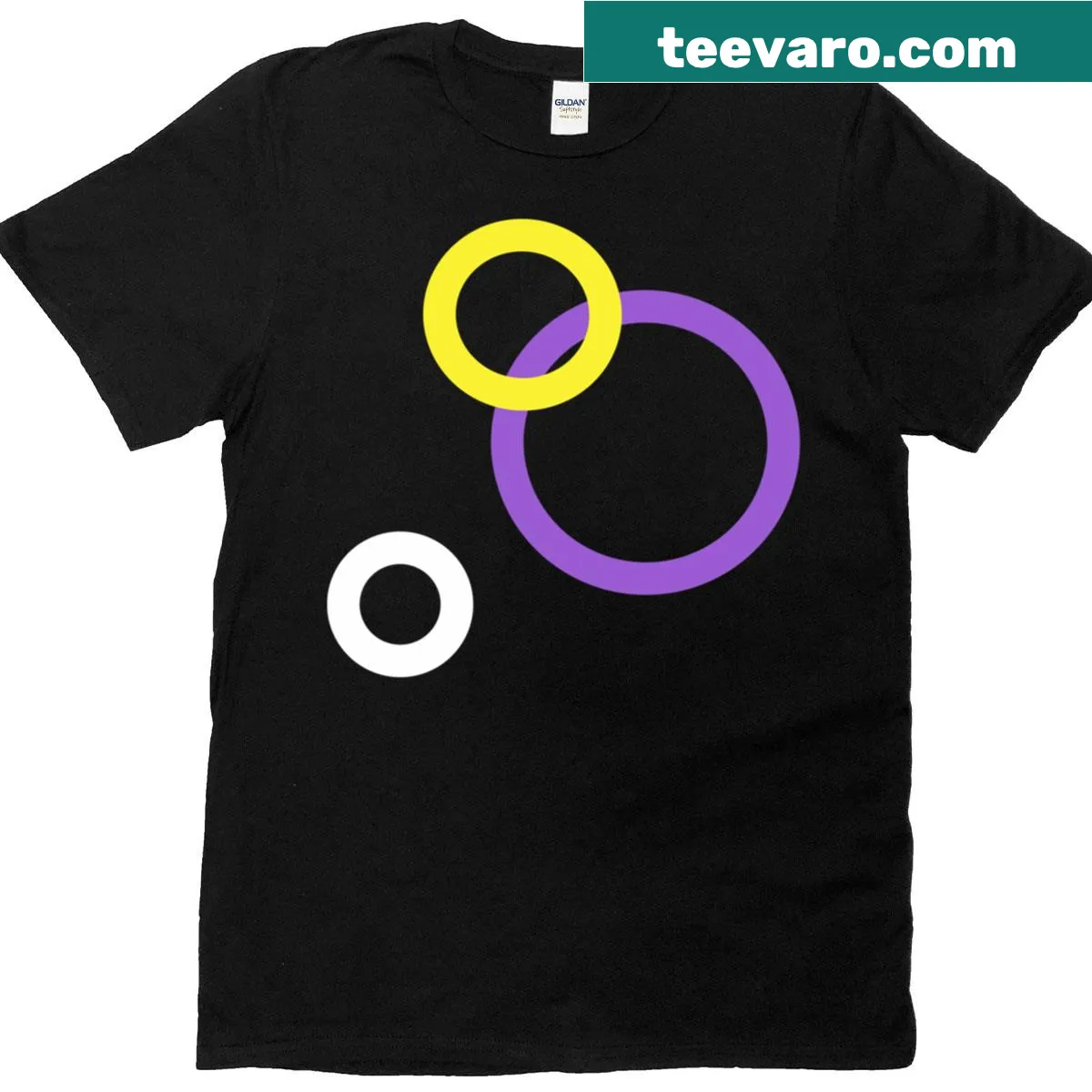 T-shirt with a creative nonbinary pride circle emblem — on a men's t-shirt