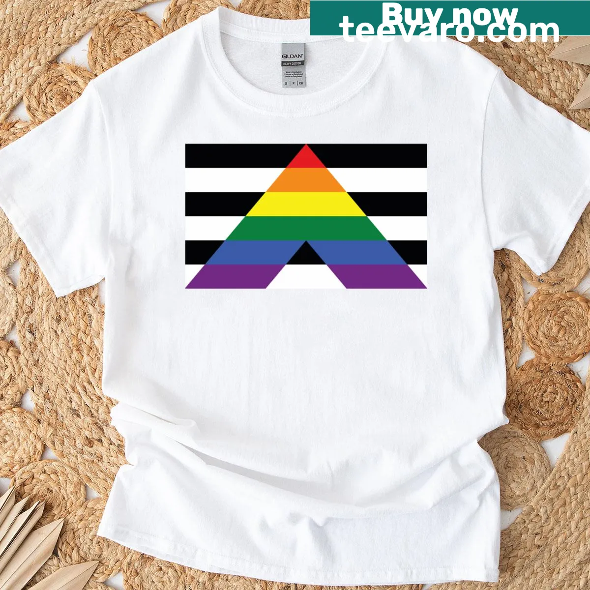 T-shirt with the Straight Ally Pride Flag design — on a men's t-shirt