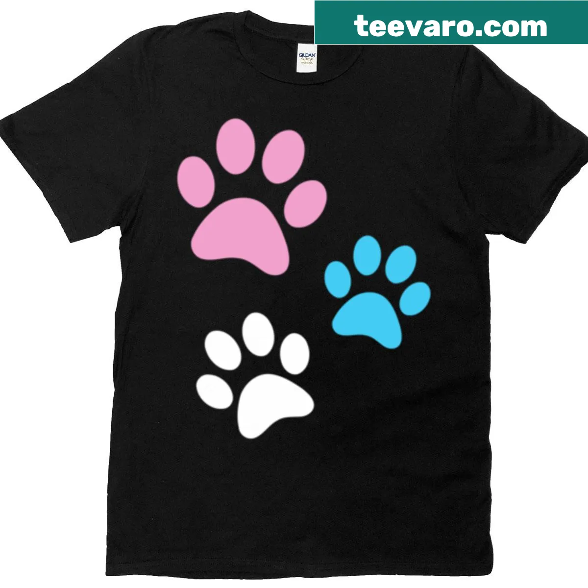 Illustrated T-shirt with paws design symbolizing trans pride — on a men's t-shirt