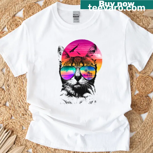 Cute summer-themed cat illustration on T-shirt