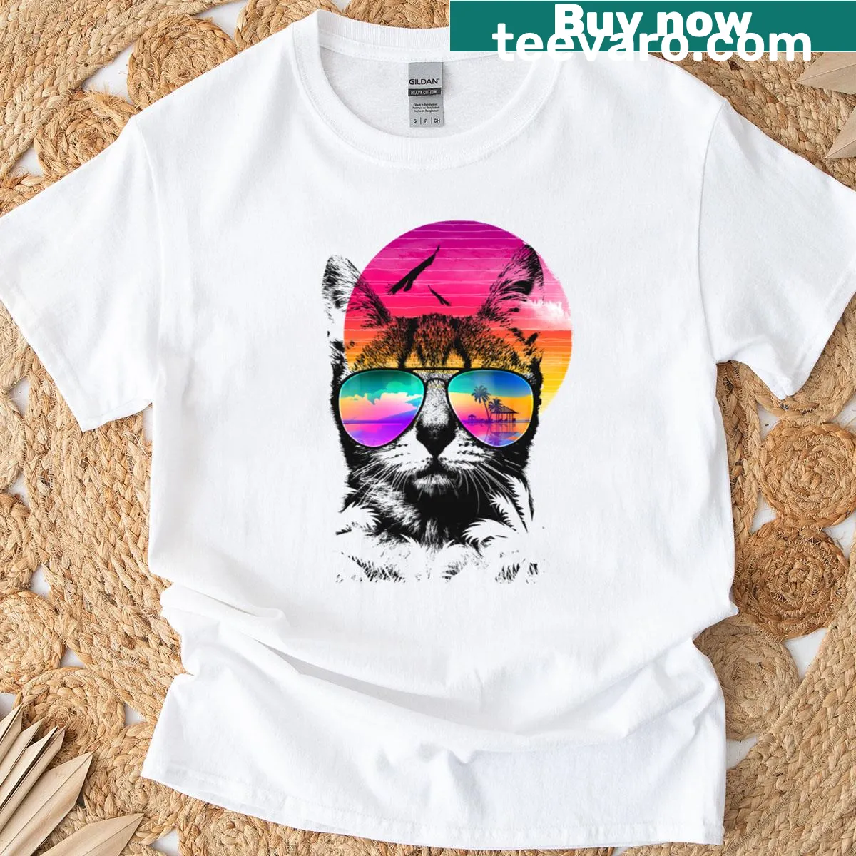 Cute summer-themed cat illustration on T-shirt — on a men's t-shirt