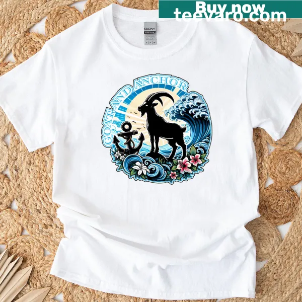 Illustration of a goat surfing with an anchor on a t-shirt