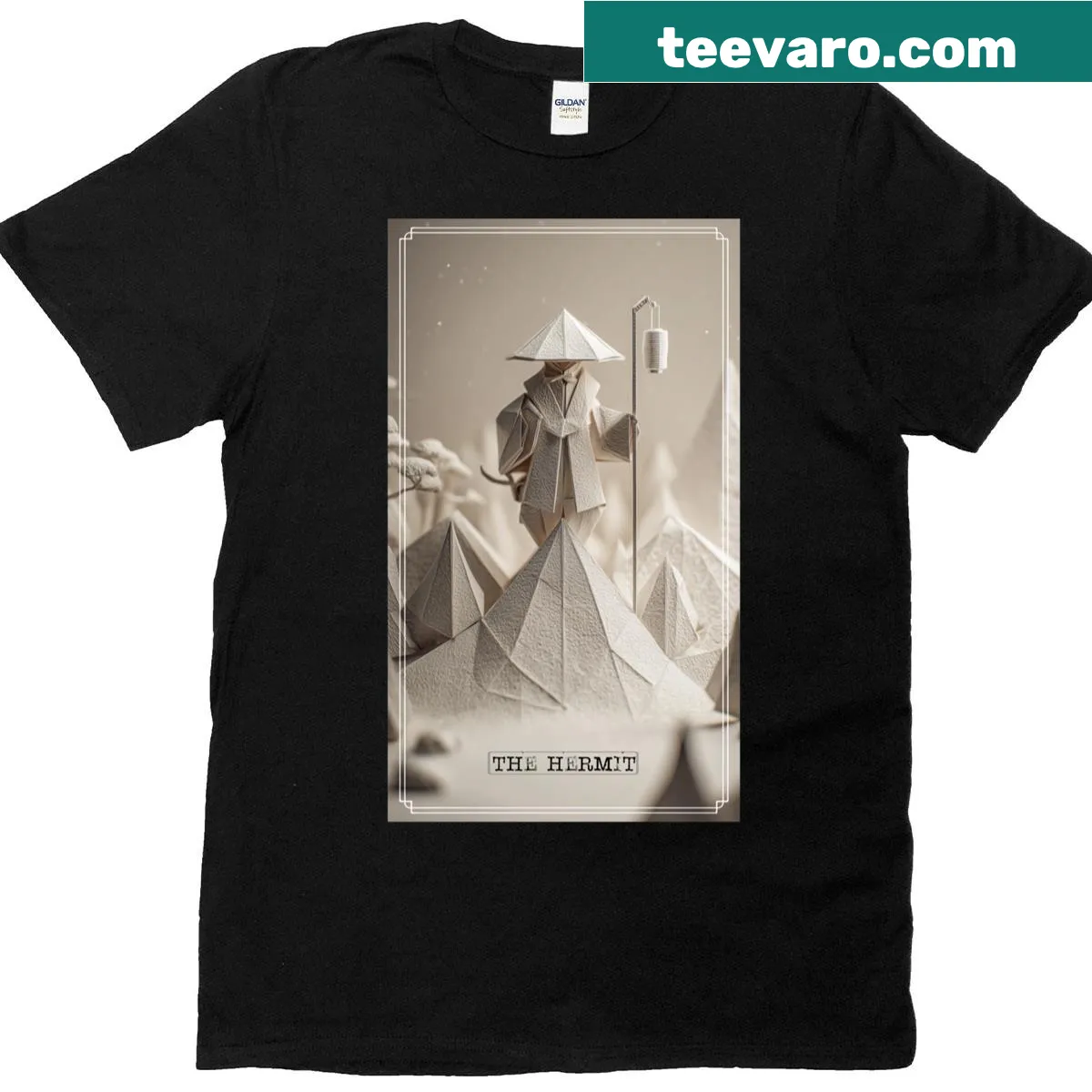 T-shirt featuring an origami-style illustration of The Hermit tarot card — on a men's t-shirt
