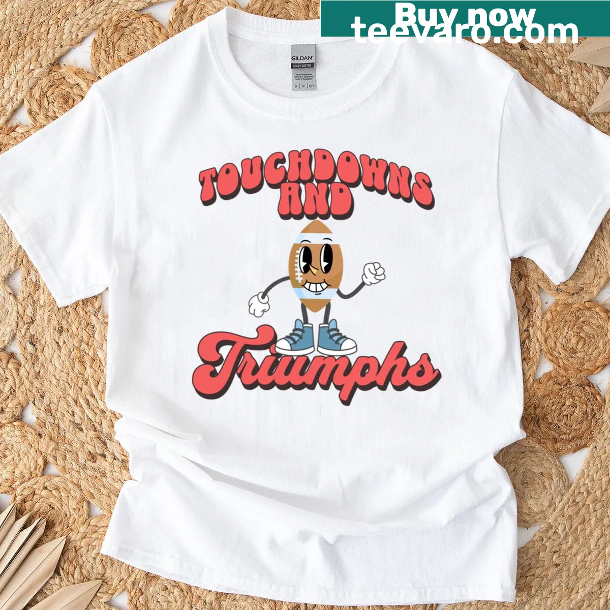 Funny football T-shirt with the phrases 'Touchdowns And Triumphs' — on a men's t-shirt