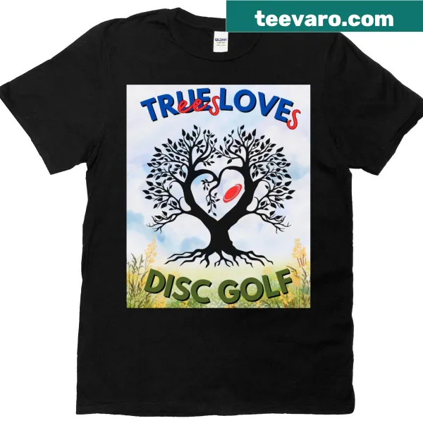 Oversized tee featuring trees and disc golf-themed graphics