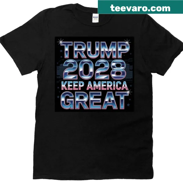 Trump 2028 t-shirt with Y2K font and bold text.