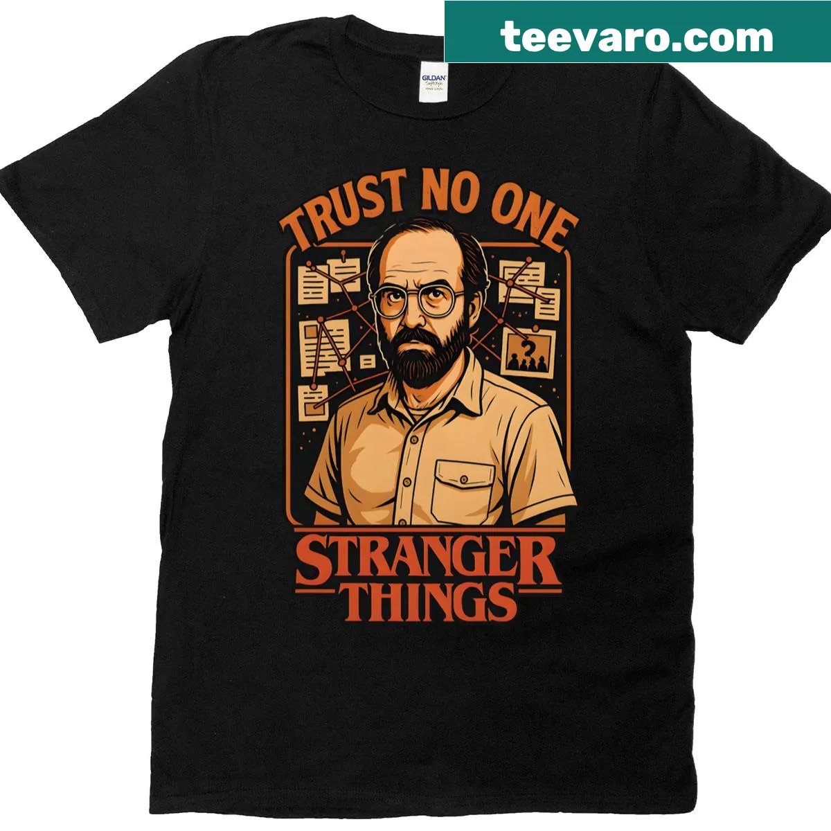 Illustrative tee featuring a conspiracy board inspired by Stranger Things — on a men's t-shirt