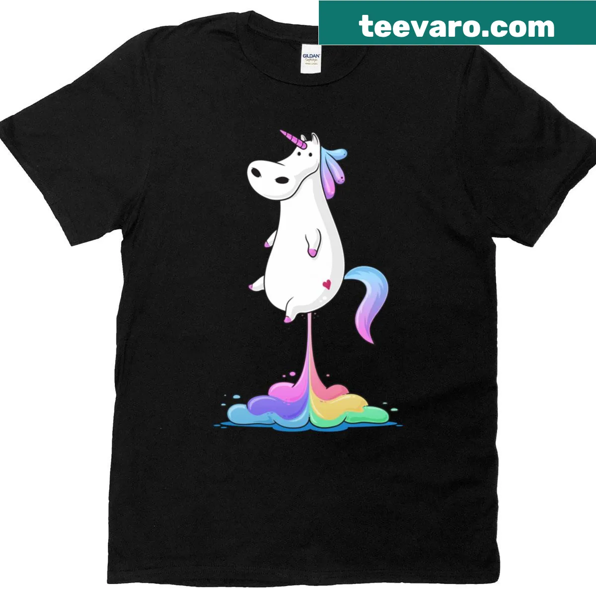 Playful cartoon unicorn farting on a T-shirt — on a men's t-shirt