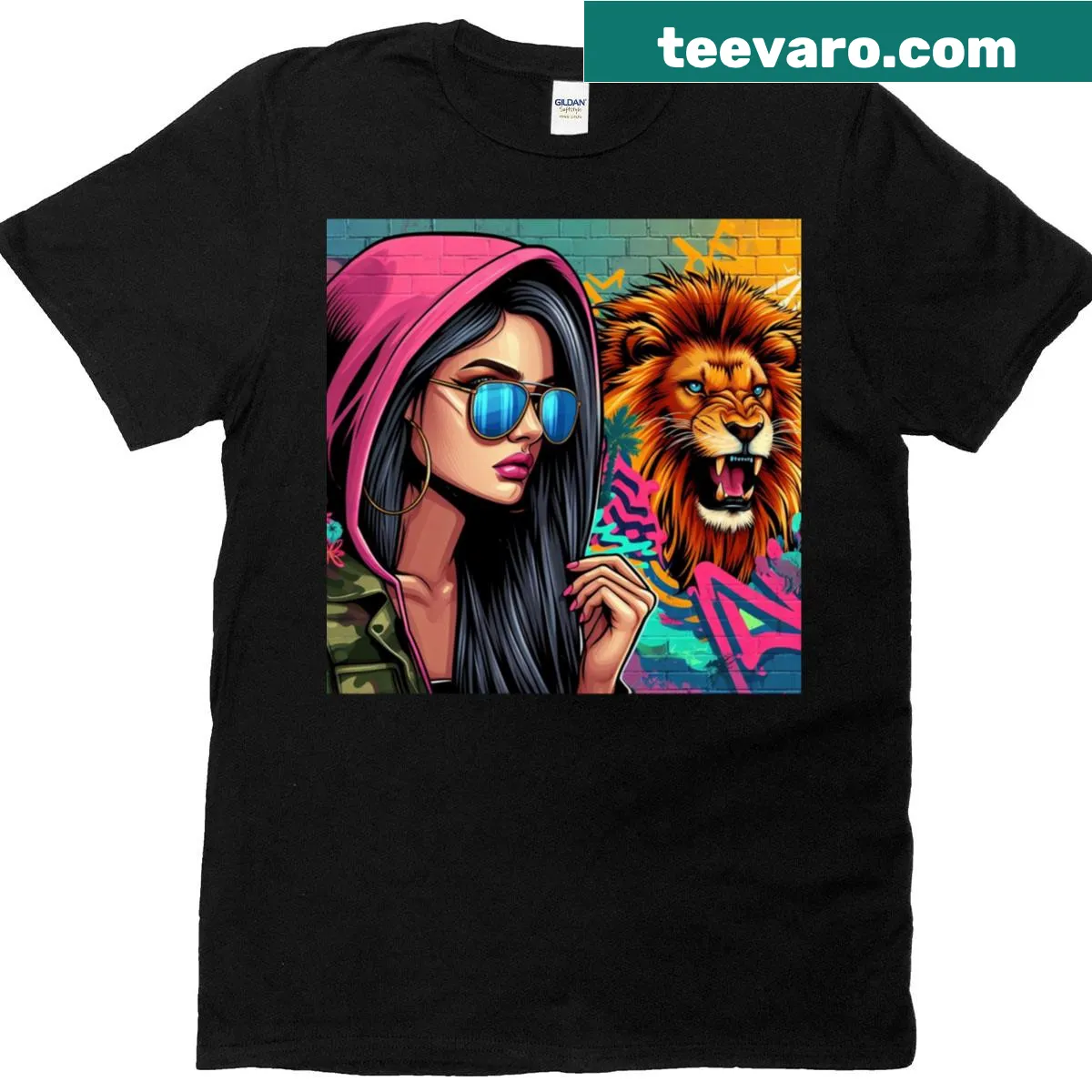 Illustration of an urban girl with a lion representing strength — on a men's t-shirt