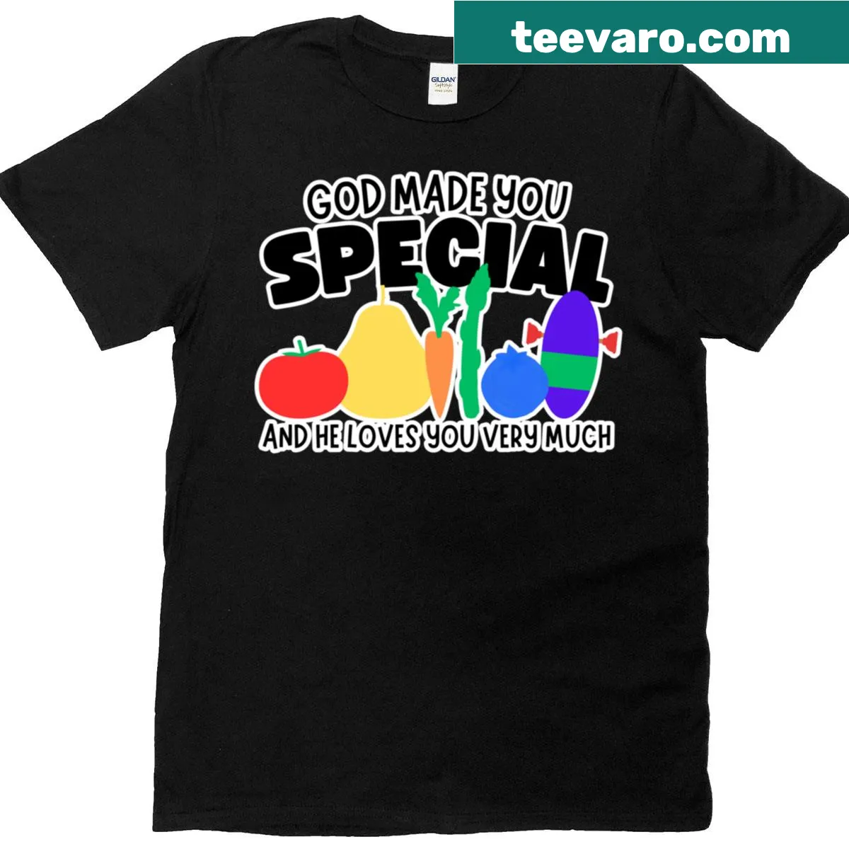 Oversized t-shirt featuring Veggie Tales characters — on a men's t-shirt