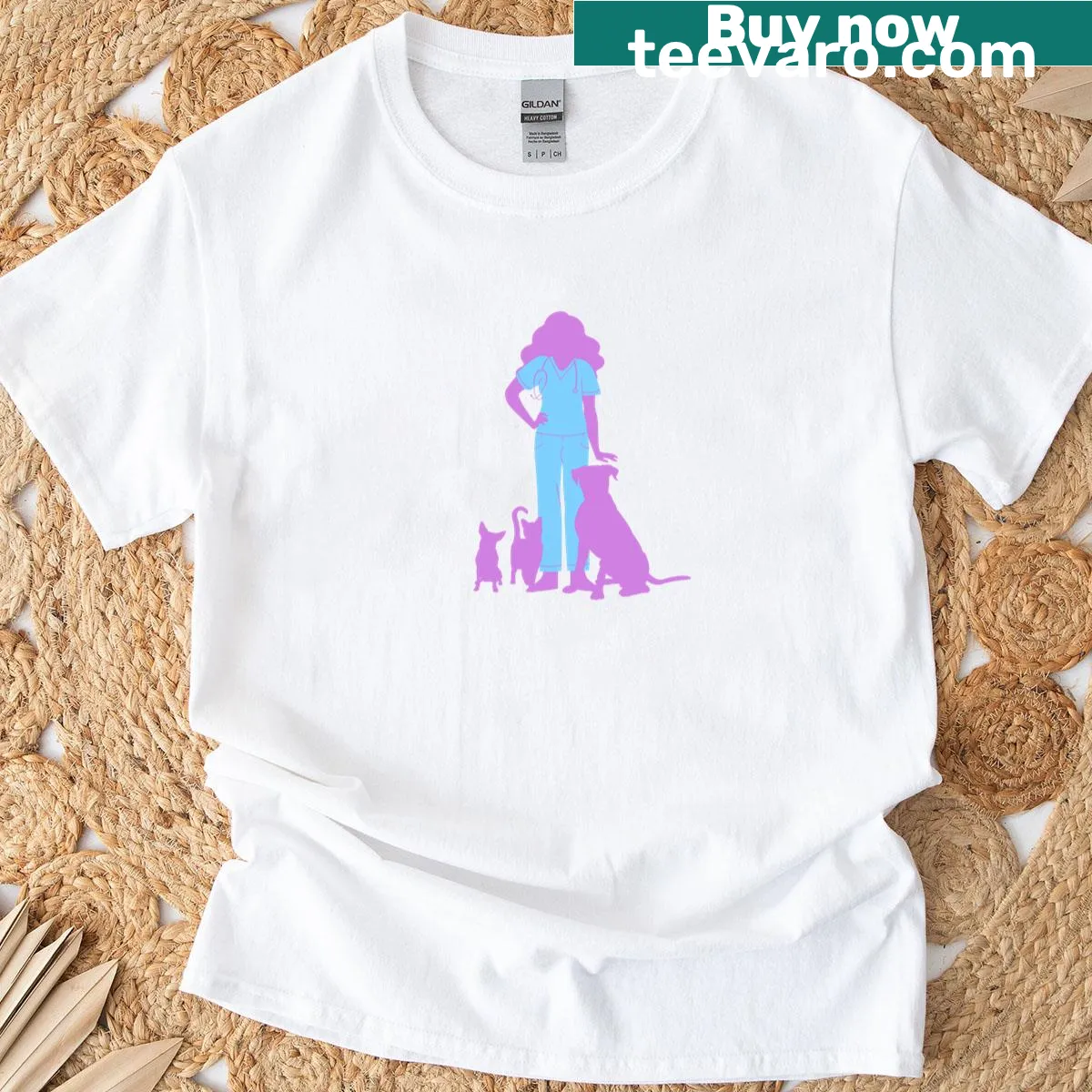 Illustrated T-shirt for female veterinary nurses — on a men's t-shirt