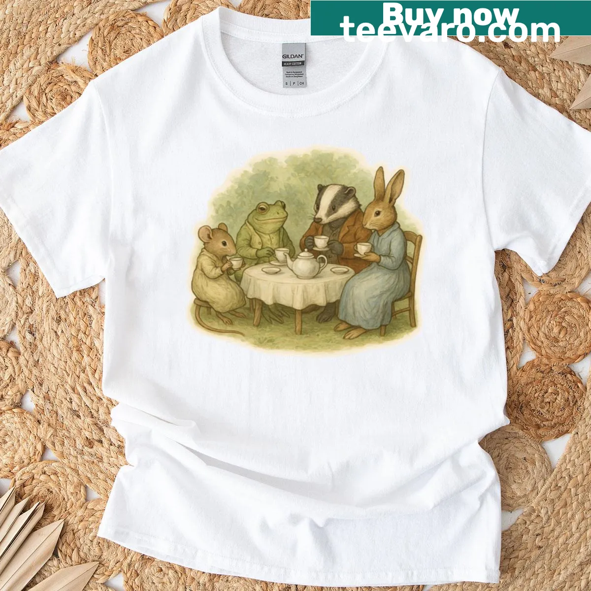 Cute woodland animals tea party illustrated T-shirt — on a men's t-shirt