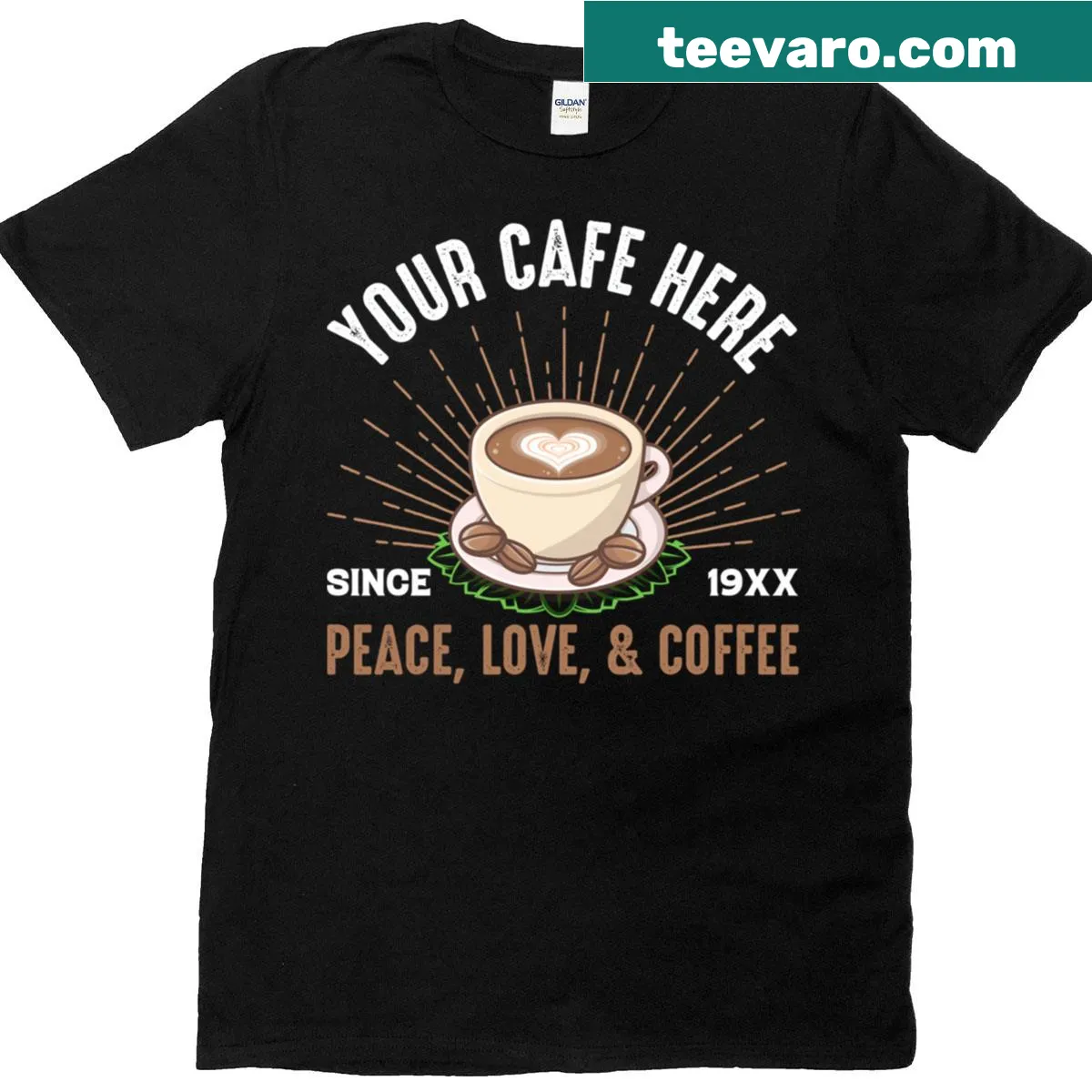 Illustration T-shirt featuring the phrase 'Peace Love Coffee' — on a men's t-shirt
