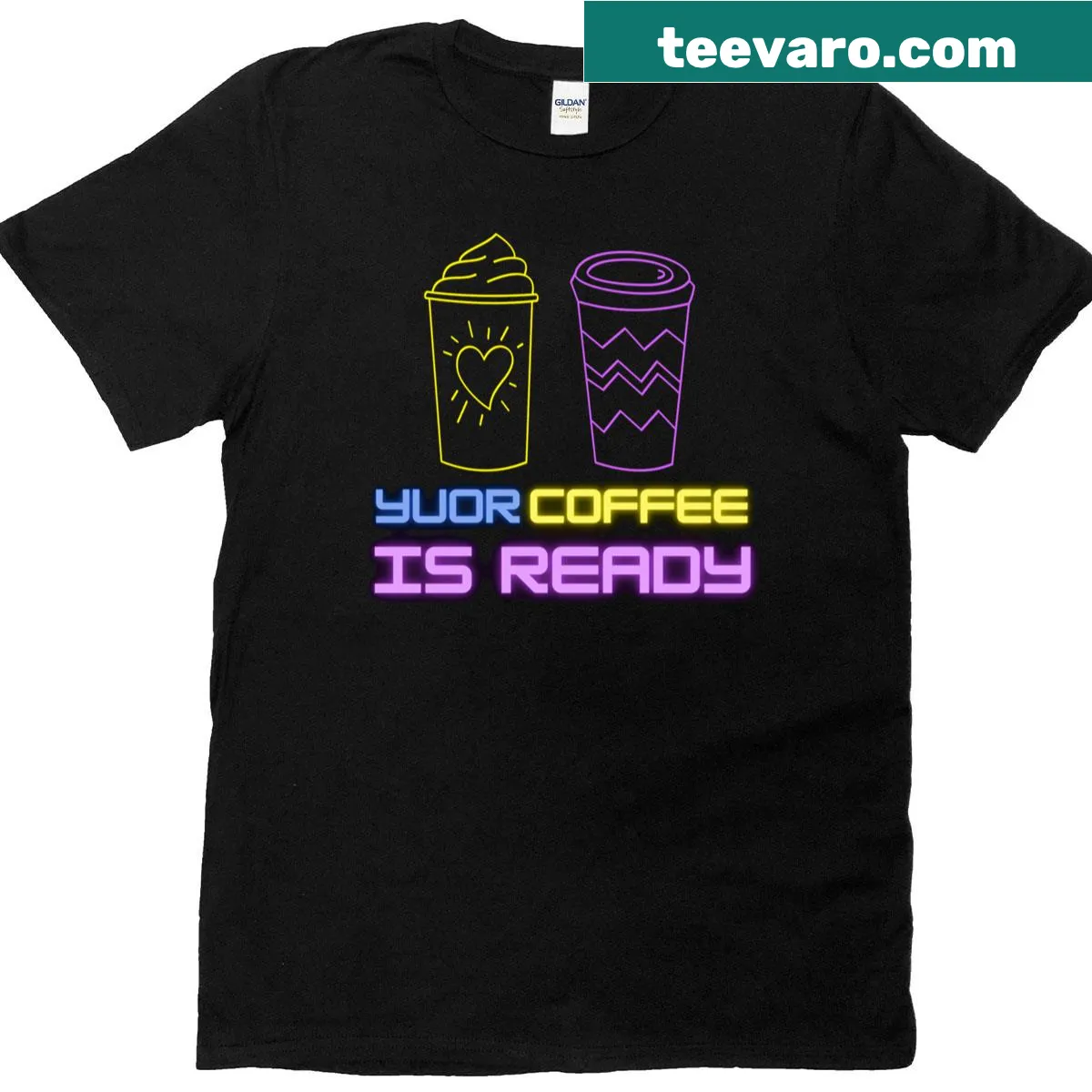 Playful graphic T-shirt with coffee text — on a men's t-shirt