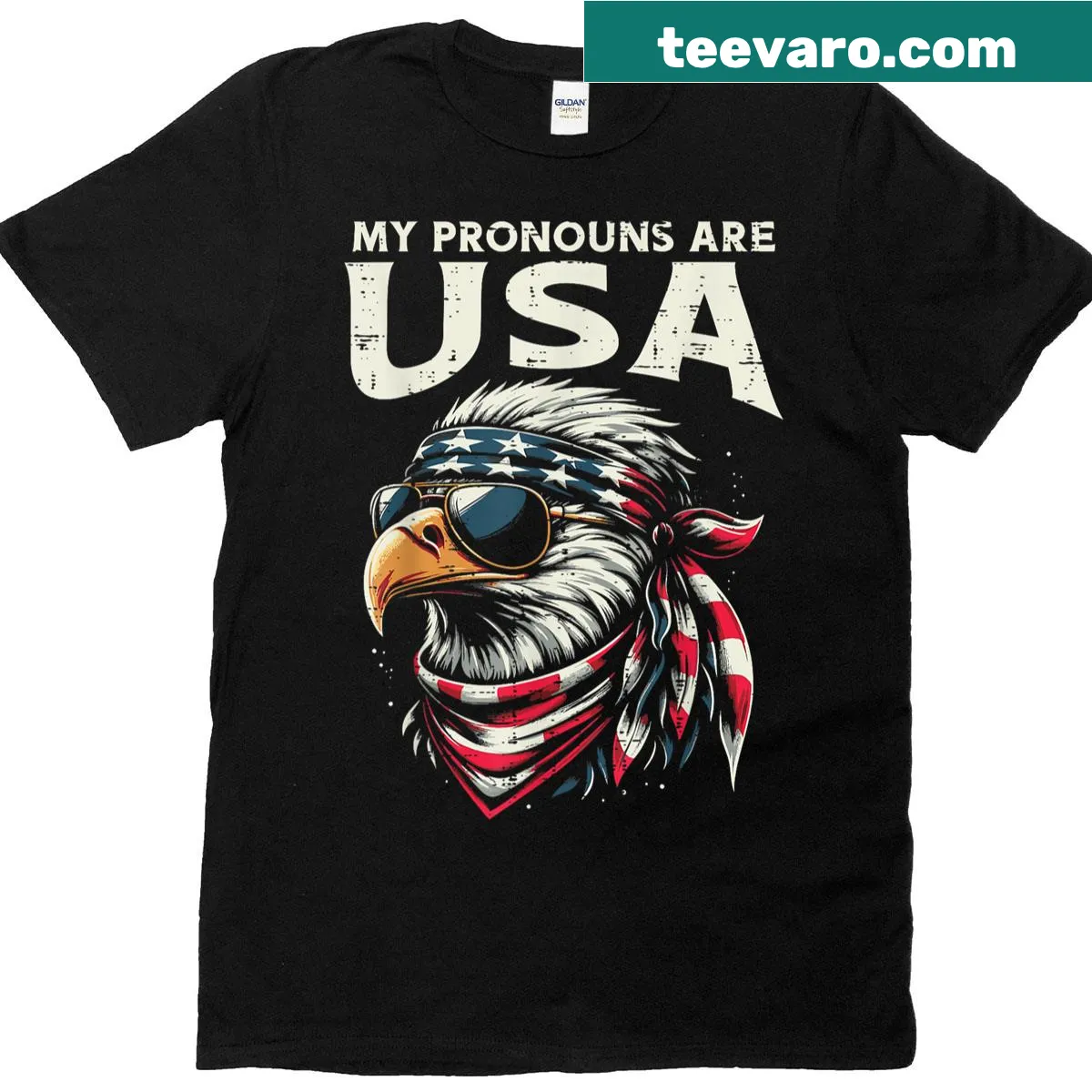 Eagle graphic T-shirt with funny text about USA pronouns — on a men's t-shirt